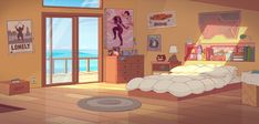 a cartoon bedroom with a bed, dresser and window overlooking the ocean is shown in this image