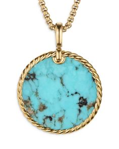 David Yurman 18K Yellow Gold Dy Elements Disc Pendant with Turquoise Luxury Handmade Turquoise Necklace With Round Pendant, Luxury Yellow Gold Turquoise Necklace, Modern Jewellery, Disc Pendant, Shiny Things, Minimalist Necklace, David Yurman, Turquoise Jewelry, Modern Jewelry