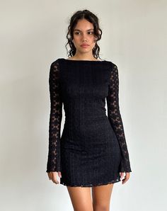 Sevila Long Sleeve Mini Dress in Regal Lace Black Lace Top Mini Dress, Short Long Sleeve Dress, Long Sleeve Dress Lace, Lace Long Sleeve Mini Dress, Sabrina Neckline, Motel Rocks Dress, Black Bell Sleeve Dress, Long Sleeve Black Dress, Black Dress With Lace