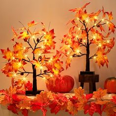 two fake trees with lights on them sitting next to pumpkins and other autumn decorations