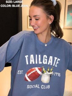 Get ready to cheer on your team in style with our "Tailgate Social Club" Comfort Colors crewneck sweatshirt! This cozy sweatshirt features a fun and festive design with a football and a beer, perfect for game day gatherings. Made from high-quality Comfort Colors fabric, this sweatshirt is soft, durable, and perfect for keeping you warm while you enjoy the game. Whether you're tailgating at the stadium or hosting a watch party at home, this crewneck is a must-have for any football fan. The unisex Sporty Letter Print Tops For Tailgating, Team Spirit Crew Neck Top For Tailgating, Team Spirit Tops For Tailgating With Crew Neck, Tailgating Team Spirit Crew Neck Tops, Sporty Crew Neck Top For Tailgating, Collegiate Crew Neck Sweatshirt For Game Day, Game Day Crew Neck Sweatshirt With Letter Print, Game Day Crew Neck Sweatshirt, Game Day Crew Neck Sweatshirt For Sports Season