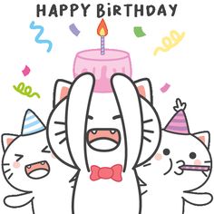 a birthday card with three cats and a cake on it's head, the cat is wearing a bow tie