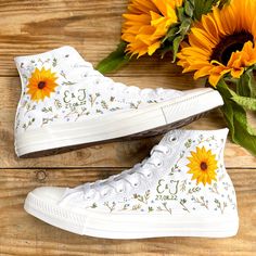 Fresh all white monochrome high top All Star Converse delicately hand embroidered with a whimsical woodland design containing bright sunflowers, bees, and dainty leaves and finished with a name, date, initials or words of your choice. This little French knot flowers in this design can be embroidered in any colours you choose. Optional extras include embroidery to the heel of the shoe and/or a matching floral posy on the front tongue of the shoes. Each pair is hand made to order and stitched with high quality embroidery thread which is washable and fade resistant.  If you're looking for something a little more bespoke, I offer a limited number of fully custom hand embroidered trainers tailored to your wishes. Consider your wedding theme, your favourite flowers, your bouquet and more all tai Woodland Sunflower, French Knot Flowers, Embroidered Converse High Tops, Cute Converse Shoes, Bridal Sneakers, Embroidered Converse, Cute Converse, Perfect Wedding Shoes, All Star Converse