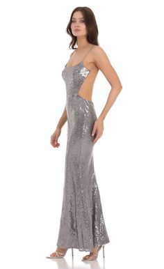 Sequin Open Back Dress in Silver | LUCY IN THE SKY Gray Formal Dress, Silver Prom Dress, Upf Clothing, Graduation Party Dresses, Designer Jumpsuits, Casual Day Dresses, Open Back Dress, Strapless Jumpsuit, Straight Dress