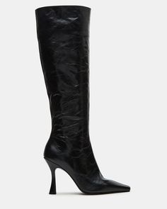 FAYE Black Leather Knee-High Heeled Boot | Women's Boots Flat Boots Outfit, Long Black Leather Boots, Fancy Flats, Black Leather Knee High Boots, Knee High Boots Flat, Thigh Boot, Pointed Toe Boots, Black Heel Boots, Red Boots