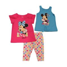 Little girl's leggings set includes 2 tops and 1 pair of leggings. One top features Minnie Mouse with ruffles and metallic silver accents. The other top is a tank top featuring Mickey Mouse with a faux tie front and metallic silver accents. Leggings have a coordinating allover pattern of Mickey and Minnie heads. Tops: 60% Cotton/40% Polyester; Leggings: 58% Cotton/38% Polyester/4% Spandex. In hot pink/turquoise. Machine washable. Imported. Gender: female.  Age Group: kids. Animal Clothes, Toddler Girls Leggings, Disney Toddler, Toddler Pants, Minnie Mouse Girl, Disney Mouse, Allover Pattern, Girls Fleece, Baby Leggings