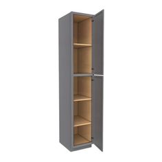 a tall gray cabinet with two shelves and one door open to reveal the contents inside