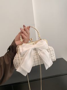 Beige Fashionable Collar  Polyester Plain Square Bag Embellished   Women Bags Tweed Handbag, Sac Diy, White Purse, Cute Handbags