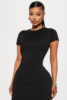 Available In Beige, Black, And Green. Ribbed Midi Dress Short Sleeve Crew Neck A-line Stretch 96% Polyester 4% Spandex Imported | Madison Ribbed Midi Dress in Black size Large by Fashion Nova Black Crew Neck Bodycon Dress, Black Crew Neck Bodycon Dress For Night Out, Black Ribbed Crew Neck Dress, Black Ribbed Dress With Crew Neck, Black Bodycon Mini Dress With Crew Neck, Black Bodycon Dress With Crew Neck, Solid Ribbed Mini Bodycon Dress, Black Ribbed Stretch Mini Dress, Solid Ribbed Mini Dress