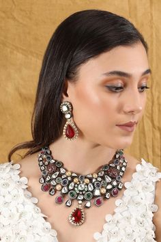 Rhodium plated choker necklace embellished with American diamonds, red and green stones. Comes with matching pair of drop earrings. - Aza Fashions Red Stones, Green Stones, American Diamond, Red Stone, Green Stone, Aza Fashion, Rhodium Plated, Necklace Set, Jewelry Sets