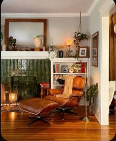 a living room with a chair, fireplace and bookshelf filled with plants in it