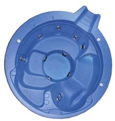 an empty blue plastic bowl with holes in the center and two screws on each side