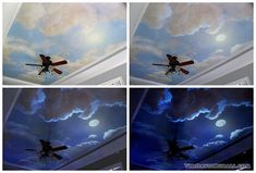 four different views of the sky with clouds and an airplane flying in front of them