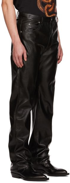 Grained faux-leather trousers. · Belt loops · Five-pocket styling · Button-fly · Lizard-embossed faux-leather logo patch at back waistband · Logo-engraved silver-tone hardware Supplier color: Black Silver Engraving, Leather Trousers, Leather Logo, Patch Logo, Leather Pants, Silver Tone, Straight Leg, Faux Leather, Trousers