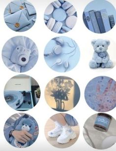 many different pictures of blue and white items