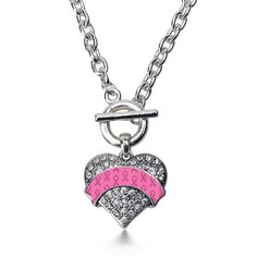 Our sparkling toggle necklace, equipped with a stylish toggle clasp and the Pink Ribbon Survivor pave heart charm, is crafted from white metal with a silver plated finish and accented with cubic zirconia stones. Light Pink Bridesmaids, Mini Pigs, Princess Necklace, Toggle Necklace, Cubic Zirconia Jewelry, Purple Ribbon, Charm Pendant Necklace, Charm Set, Silver Chain Necklace