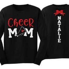 Glitter Cheer Mom Shirt Cheer Shirt Cheer Bling Cheer | Etsy Casual Glitter Print Tops For Cheerleading, Black Cotton Top With Glitter Print, Long Sleeve Cotton Tops With Glitter Print, Black Glitter Print Tops For Cheerleading, Long Sleeve Graphic Print Cheerleading Top, Long Sleeve Graphic Print Tops For Cheerleading, Cotton Cheerleading Top With Glitter Print, Cheer Spirit Wear, Cheer Mom Shirt