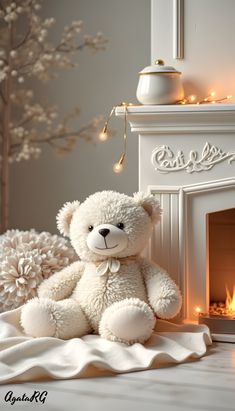 a white teddy bear sitting in front of a fireplace with christmas lights on the mantle