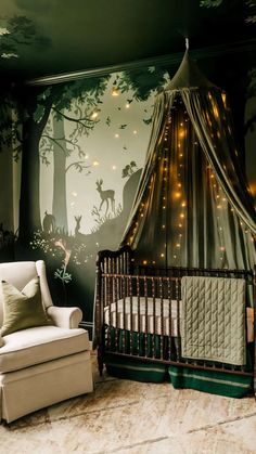 a baby's room decorated in green and gold