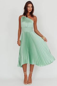 Shop the Calissa One Shoulder Pleated Midi Dress Sage | Selfie Leslie Flowy A-line Pleated Midi Dress, Spring A-line One Shoulder Cocktail Dress, Solid Asymmetrical Midi Dress For Cocktail, Asymmetrical Solid Color Cocktail Midi Dress, Asymmetrical Solid Cocktail Midi Dress, Asymmetrical Cocktail Midi Dress, Solid One Shoulder Asymmetrical Dress For Summer, Spring One Shoulder Ruched Dress For Brunch, Solid One-shoulder Asymmetrical Dress For Summer