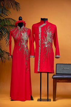 "This set includes: the women ao dai with matching pants, men ao dai (no pants), and a headpiece. The women or men ao dai can be bought separately. Please see size chart below for measurements of available pre-made sizes. We also take custom-made order to your measurements. Processing time for custom-made order is approximately 4-10 weeks. Orders placed by the end of each month will be ready to ship by the end of the following month. We will send you a message to confirm the processing time of y Wedding Embellished Fitted Ao Dai, Festive Long Sleeve Ao Dai For Ceremony, Long Cheongsam For Wedding And Festive Occasions, Red Fitted Ao Dai For Traditional Ceremonies, Festive Long Cheongsam For Wedding, Red Long Cheongsam For Wedding, Long Red Cheongsam For Wedding, Festive Fitted Ao Dai For Ceremony, Fitted Long Sleeve Cheongsam For Wedding