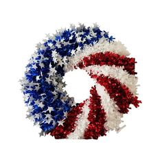 an american flag wreath with red, white and blue tinsel stars in the center