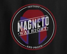 the magneto was right logo on a black t - shirt with red and blue stripes