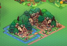 an animal village with lots of trees and animals on it's land, including two houses