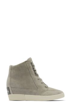 A sporty silhouette adds a casual-cool vibe to this bootie-style sneaker with a soft suede upper and hidden wedge heel. 2 1/2" heel; 1" platform (size 8.5) Removable insole Cushioned EVA footbed with arch support Leather upper/textile lining/rubber sole Imported Sorel Out N About, Shoe Women, Soft Suede, Arch Support, Wedge Heels, Converse Sneaker, Bootie, Rubber Sole, Leather Upper