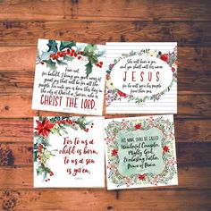 three christmas cards with the words jesus christ the lord and holly wreaths on them