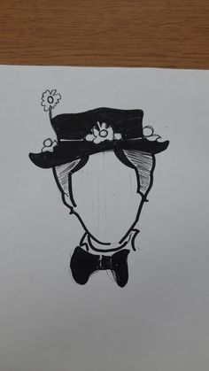 a drawing of a person wearing a hat and bow tie