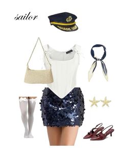 there is a sailor outfit and accessories on this page, including shoes, hat, skirt, purse, socks, and stockings