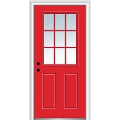 a red door with glass on the side