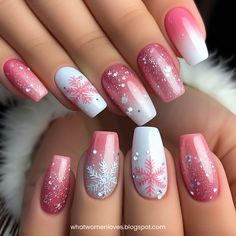 Snowflake Nails for Short Nails January Nails Acrylic Short, Short Nails Ideas For Winter, After Christmas Nail Designs, Snowflake Gel Nail Designs, Snowflakes Nail Design, Cute Nail Ideas For Christmas, Snowflake Fingernails, Pink Nails With Snowflakes, Short Winter Nails Ideas