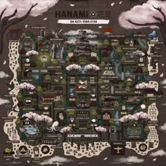 an illustrated map with many different things in the middle and trees around it, all on top of each other