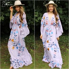 "A very special dress, that can take you through many seasons of life. This beautiful maxi dress features a V neckline and wide kimono sleeves, with the all-important waist-cinching ties that can make this style fitted to your waist, empire style, maternity, or worn loose. The button front also makes it nursing-friendly, and can also be worn open as a robe/beach cover. The custom embroidery pattern is based on Scandinavian folk art, and features motifs from nature and femininity to give you a be Spring Maternity Beach Dress With Long Sleeves, Spring Beach Maternity Dress With Long Sleeves, Summer Maternity Dresses With Long Sleeves, Flowy Bohemian Maternity Dress For Spring, Bohemian Maternity Dress For Spring Vacation, Spring Beach Maternity Maxi Dress, Maxi Dress Boho Style, Midi Circle Skirt, Wedding Guest Summer