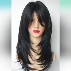 Mupul Black Wig With Bangs Layered Wigs Women Black Hair Wig Human Hair Blend Wigs Flow Out Curl For Women (Black) ***High Temperature Heat Resistant Wig *" Tangle Free And Full Layered Hair With Side Part, Black Wig With Layers, Corte Wolf, Lowlights Hair Color, Thick Hair With Bangs, Layered Hair With Side Bangs, Black Hair Layers, Holiday Party Hairstyles, Lowlights Hair