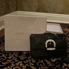 Brand New With Box & Duffle Jimmy Choo Wallet On Chain Black Black Leather Wallet On Chain For Party, Designer Party Wallet On Chain In Rectangular Shape, Designer Party Wallet On Chain, Elegant Clutch Wallet On Chain For Gift, Silver Wallet On Chain For Evening, Silver Evening Wallet On Chain, Silver Rectangular Wallet On Chain For Evening, Silver Rectangular Wallet On Chain For Formal Occasions, Silver Rectangular Wallet On Chain For Formal Events