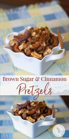 two bowls filled with brown sugar and cinnamon pretzels on top of a table