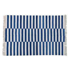 a blue and white striped rug with fringes on the bottom, in front of a white background