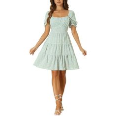 Tiered Floral Dresses for Women's Summer Square Neck Puff Sleeve Tie Back Flowy Mini Dress Puff Sleeve/Square Neck Color: Green.  Gender: female.  Age Group: adult. Cute Dresses Knee Length, Cute Summer Dresses For Teens, Dresscode Ideas, Modest Dresses For Teens, Hoco Dresses Flowy, Photo Dress, Church Fits, Dress Puff Sleeve