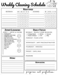 the weekly cleaning schedule is shown in black and white