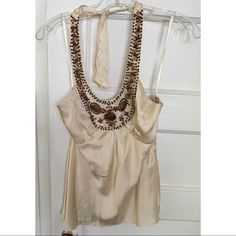 Silk Tank With Embellishments S4 Chic Embellished Beige Tops, Chic Beige Embellished Tops, Elegant Embellished Beige Tops, Elegant Beige Embellished Tops, Cream Silk Party Tops, Chic Embellished Silk Top, Elegant Cream Embellished Tops, Silk Tank, Ivory Color