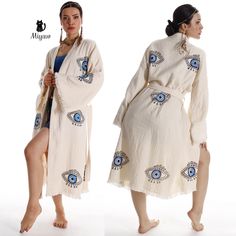 Organic Cotton Boho Beach Kimono Robe with Blue Eye Stamping - Miyawfashion Towel Dress, Beach Kimono, Blue Eye, Boho Beach, Beach Days, Beach Day, Bohemian Style, Check It Out, Favorite Outfit