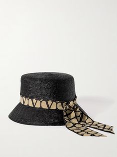 VALENTINO GARAVANI Printed silk-trimmed straw bucket hat | NET-A-PORTER Straw Bucket Hat, Bits And Bobs, Sun Hats, Valentino Garavani, Silk Printing, All Black, Women Collection, Bucket Hat, Straw