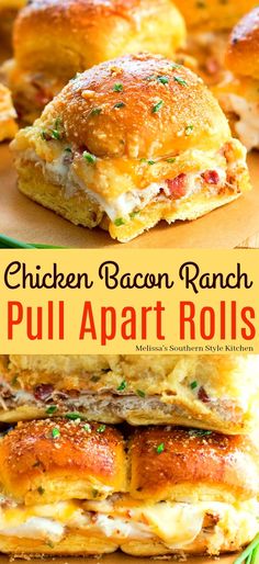 chicken bacon ranch pull apart rolls are stacked on top of each other with melted cheese