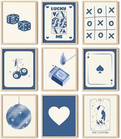 a set of nine playing cards with different designs and symbols on them, all in shades of blue