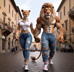 two people are walking down the street with lions on their backs and one is wearing ripped jeans