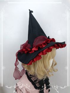 This price is for a hat only, others are not included. Witch Hat Cute, Red Witch Hat, Pretty Witch Hat, Witch Hat With Bow, Adjustable Harajuku Halloween Hat, Embellished Witch Hat, Character Costumes, Witch Hat, Ruffle Trim