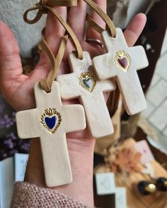 Crafts With Hearts, Cross Ceramic, Polymer Clay Cross, Catholic Decor, Wooden Decorations, Cross Crafts, Cross Art